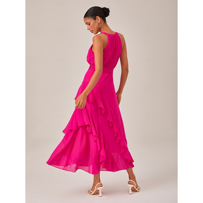 Women's Elegant Dress Rose Red Sleeveless Solid Color Ruffle Mismatched All Seasons Elegant Dress Wedding Party S M L2