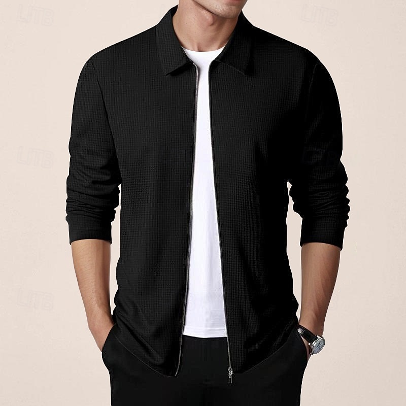 Men's Shirt Jacket Transition Jacket Daily Breathable Pocket All Seasons Plain Classic Lapel Regular Waffle Fabric Black White Royal Blue Khaki Light Grey Jacket