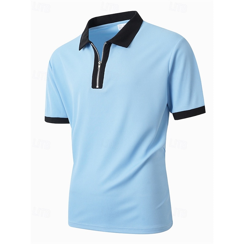 Men's Color Block Polo Zip Polo Golf Shirt Short Sleeve Lapel Fashion Casual Outdoor Sport Daily Splice Summer Black Pink Red