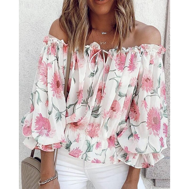 Women's Boho Shirt Blouse Flower Modern Boho Long Sleeve Off Shoulder Regular Tops Holiday Going out Print White Pink Blue Apricot Summer2