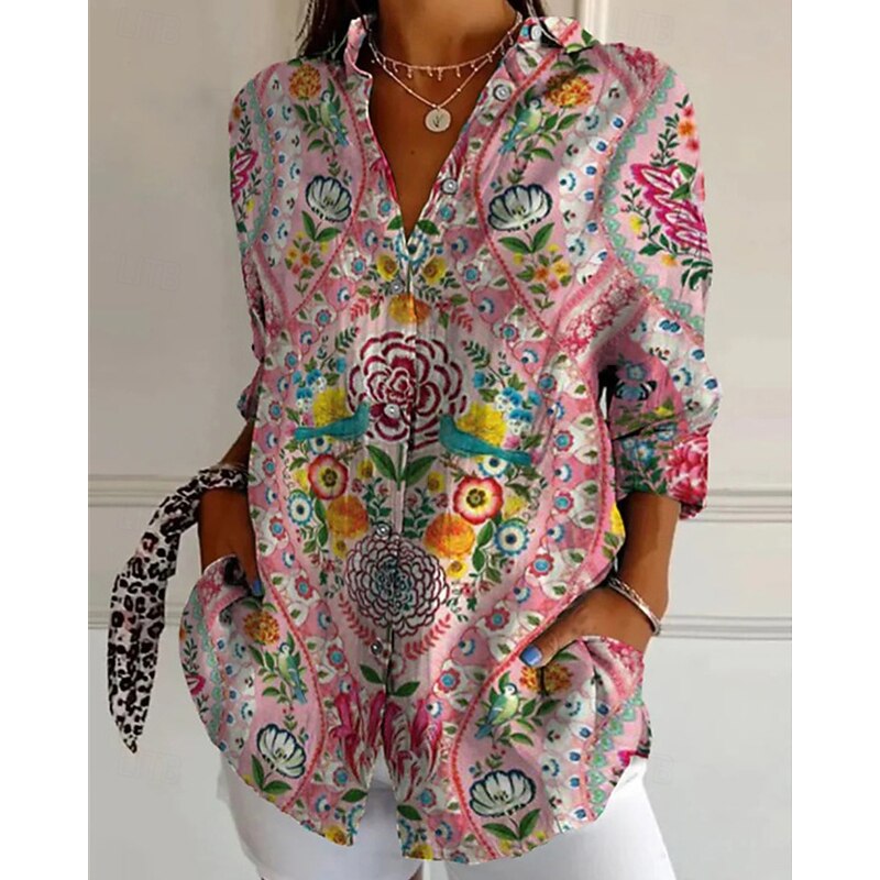 Women's Shirt Flower Daily Stylish Basic Half Sleeve V Neck Regular Tops Daily Holiday Print Pink Red Green Spring Fall2