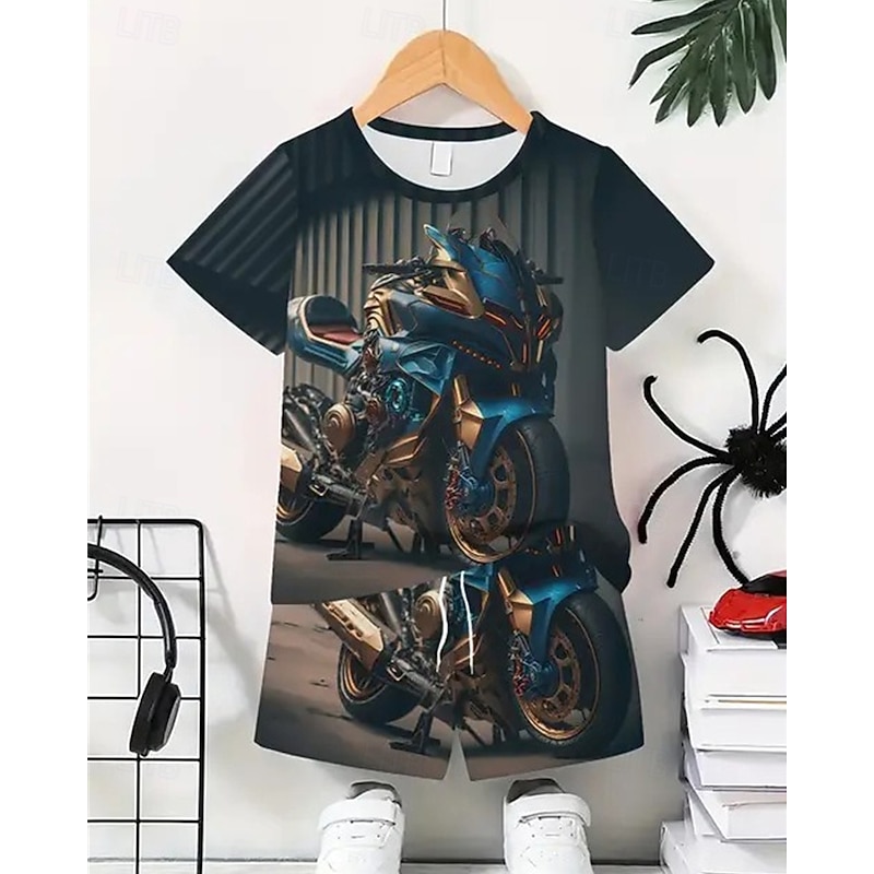 2 Pieces Kids Boys Suit T-shirt & Shorts Outfit Graphic Short Sleeve Crewneck Set Outdoor Sports Fashion Summer 4 years+ Black Green Light Blue2