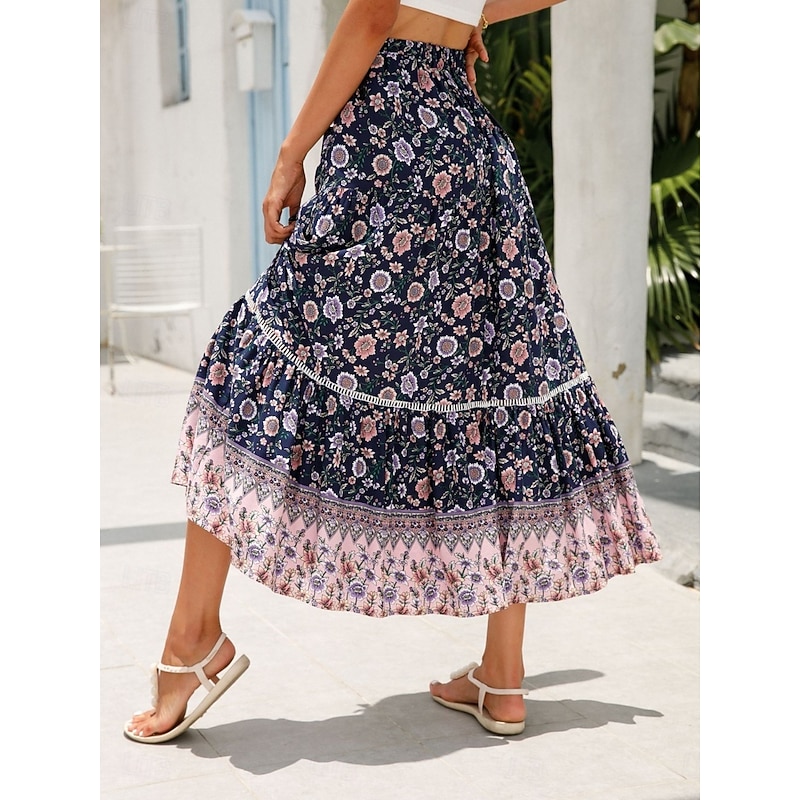 Women's Skirt A Line Bohemia Casual Midi High Waist Skirts Floral Pocket Print Micro-elastic Street Daily Red Orange Dark Blue Apricot Summer Rayon3