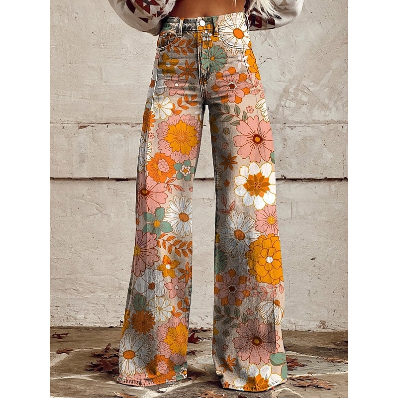 Retro Vintage Boho 1970s Pants Wide Legged Pants Hippie Disco High Waist Floral Faux Jeans Style Fancy Dress Women's Carnival Music Festival Pride Parade Retro Theme Party Adults Pants