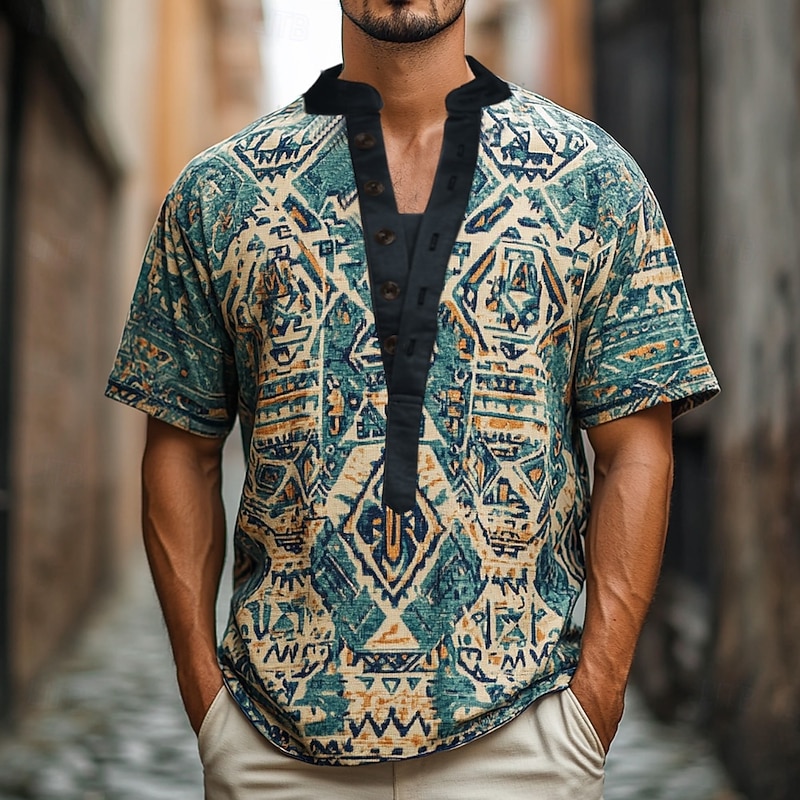 Men's Geometric Tribal T Shirt Henley Shirt Tee Short Sleeve Designer Basic Ethnic Outdoor Casual Daily Summer Blue Henley Henley T-Shirt