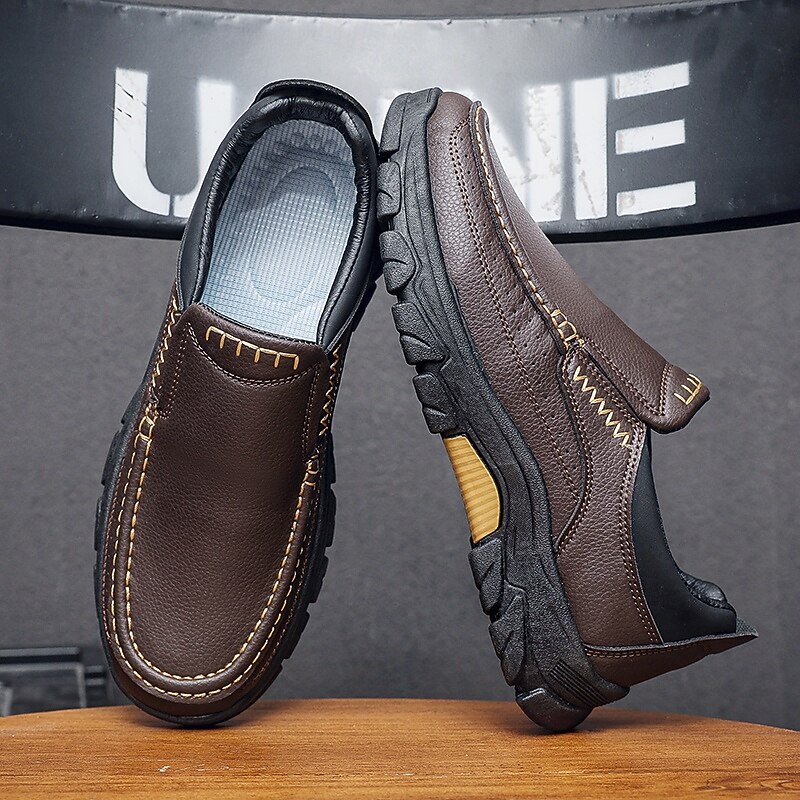 Men's Dark Brown Slip-On Leather Shoes with Rugged Sole - Durable and Fashionable Footwear for Outdoor Use4