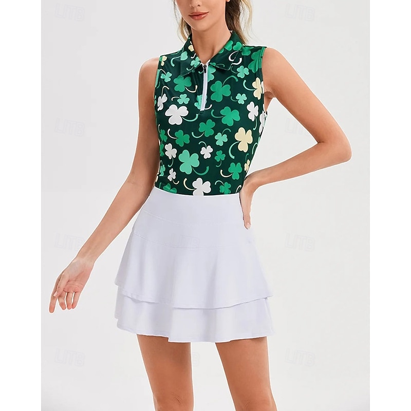 Women's Clover Tennis Shirt Sleeveless Print UPF50+ Quick Dry Tennis Golf Badminton Zip Collar Tee Tshirt Top Green Tennis Clothing