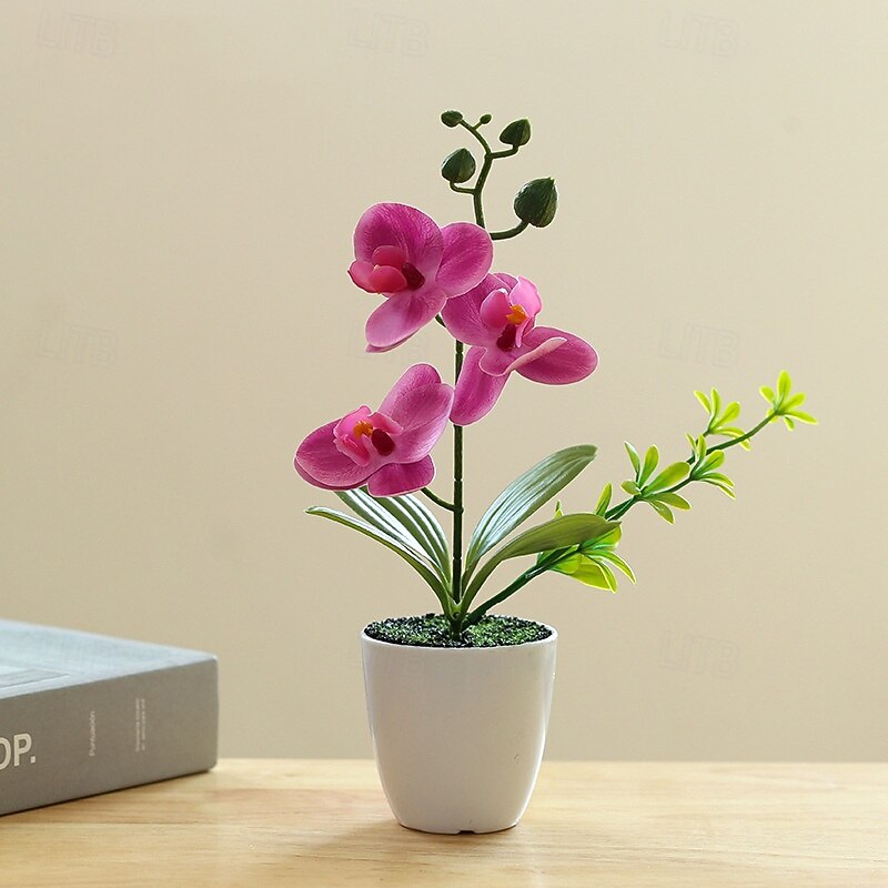 Artificial Orchid Potted Flower Plant, Faux Phalaenopsis Flower Arrangement, Realistic Silk Orchid in Pot for Home Office Table Centerpiece Decor2