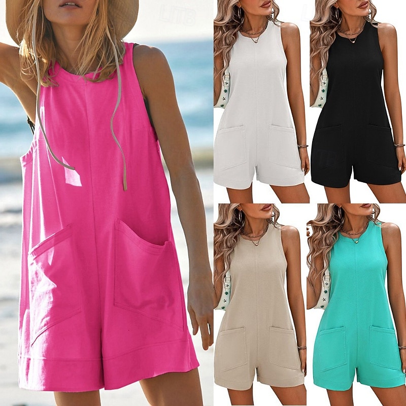 Women's Normal Romper Streetwear Solid Color Sleeveless Crew Neck Pocket Daily Going out Regular Fit Black White Fuchsia Summer