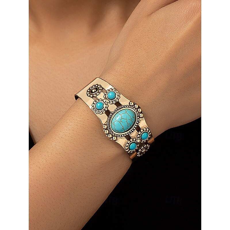 Women's Vintage Gold Cuff Bracelet with Turquoise Stones – Boho Style Adjustable Bangle for Ladies, Ideal for Casual Outfits, Parties and Summer Festivals3
