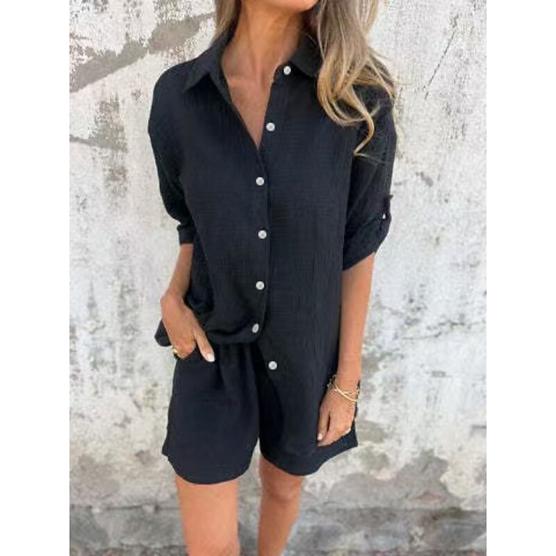 Women's Active Basic Cotton Linen Sets Short Sleeve Shirt Collar Solid Color Patchwork Casual Daily Black Blue Fuchsia Summer Regular Fit