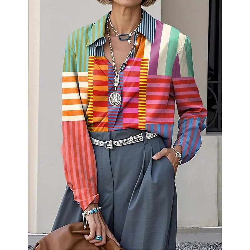 Women's Shirt Button Down Tunic Shirt Collar Long Sleeve Graphic Geometric Plaid Casual Regular Tops Work Daily s Print Yellow Red Blue Purple Rainbow Spring Fall3