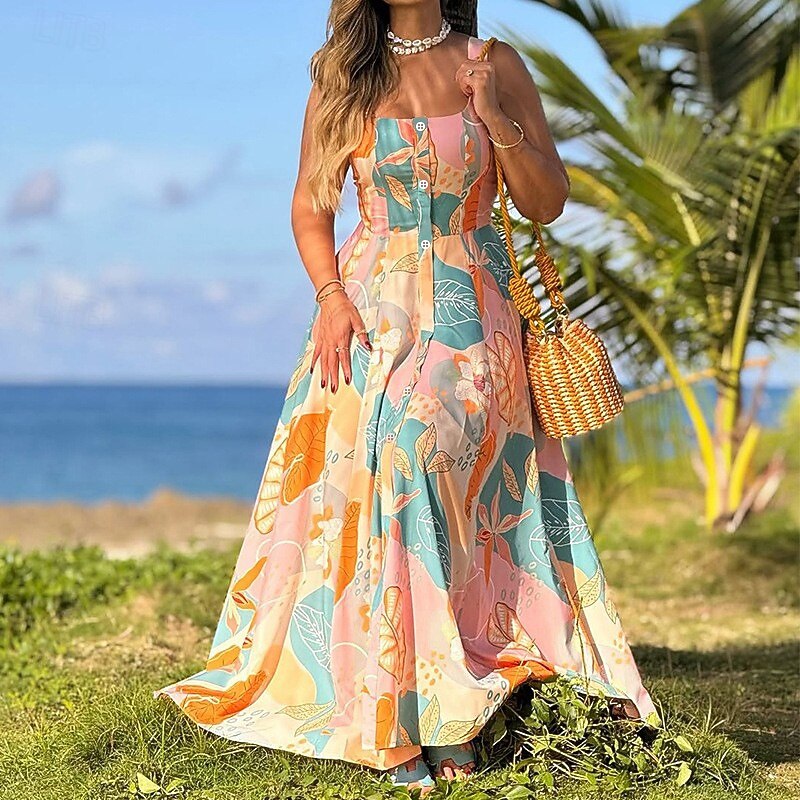Women's Long Dress Maxi Dress Floral Dress Print Dress Fashion Modern Outdoor Vacation Holiday Regular Fit Flower Sleeveless U Neck Pink Summer3
