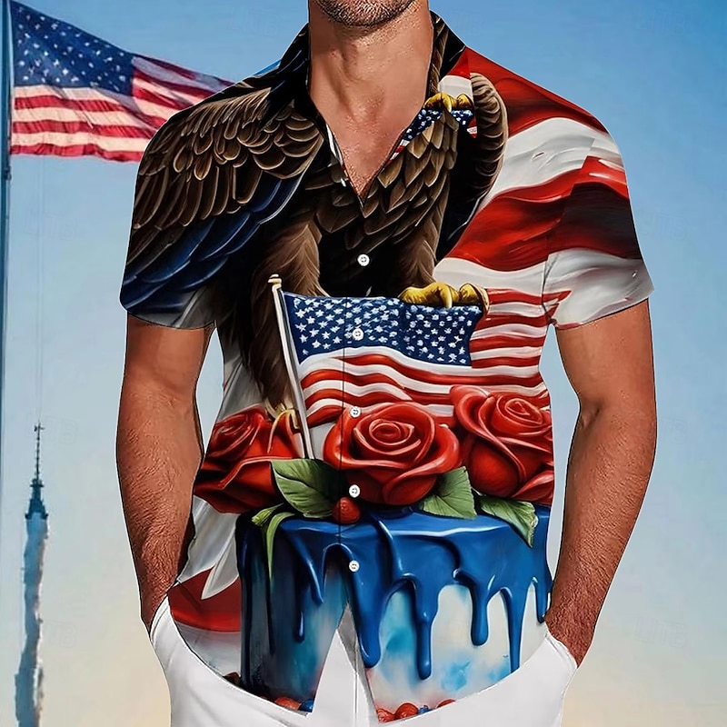 Independence Day Men's Floral Print US Flag Patriotic Shirt Summer Shirt Button Up Shirt Short Sleeve Fashion Casual Outdoor Holiday Summer Spring Turndown 3D Print Collared Shirts Red Blue3
