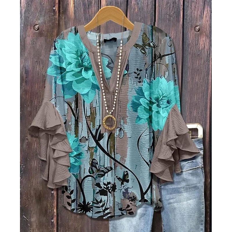 Women's Blouse V Neck Floral Graphic Paisley Bohemia Vintage Daily Long Sleeve 3/4 Length Sleeve Flutter Sleeve Regular Tops Daily Holiday Vacation Wear Ruffle Print Pink Blue Beige Gray Summer2