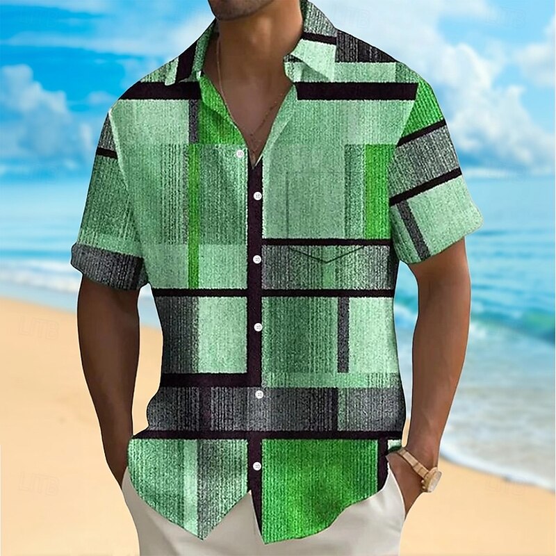 Men's Geometric Color Block Patchwork Shirt Summer Shirt Button Up Shirt Short Sleeve Fashion Casual Vacation Holiday Streetwear Summer Turndown 3D Print Front One Pocket Linen Like Shirt Blue Green
