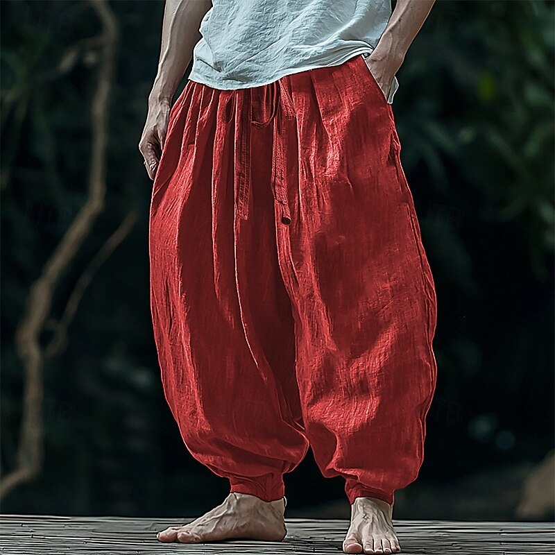 Men's Linen Pants Trousers Summer Pants Beach Pants Pocket Drawstring Elastic Waist Plain Comfort Breathable Vacation Daily Holiday Hawaiian Boho Wine - Main Image