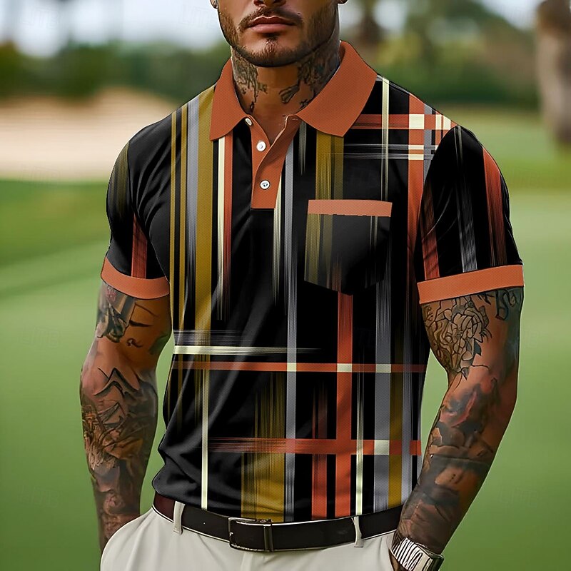 Men's Button Up Polos Street Casual Lapel Short Sleeve Fashion Geometic Line Buttons Pocket Summer White Blue Orange Green Button Up Polos - Main Image
