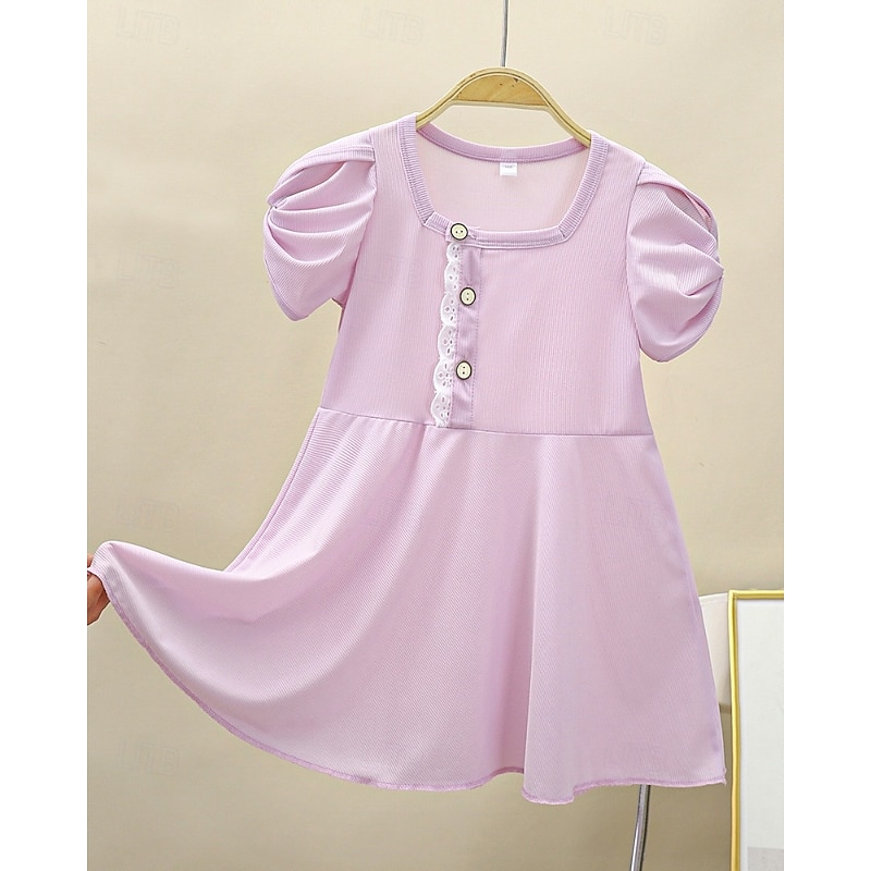 Kids Girls' Dress Solid Color Short Sleeve Outdoor Ruched Buttons Cute Adorable Polyester Knee-length Casual Dress Summer 4 years+ Yellow Pink Purple2