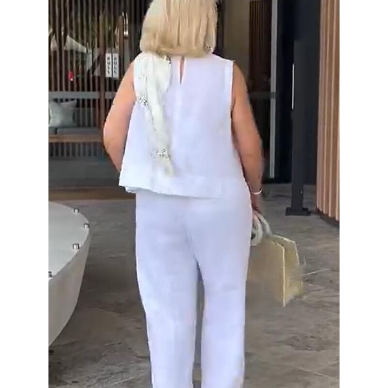 Women's Active Basic Cotton Linen Sets Sleeveless Crew Neck Solid Color Casual Daily Black White Yellow Summer Regular Fit2