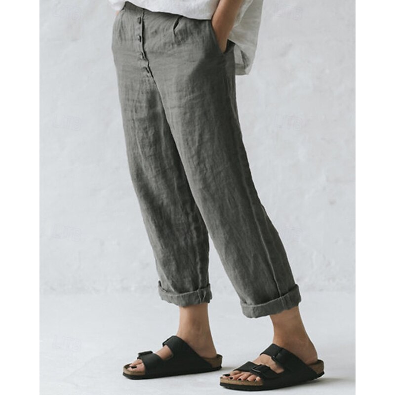 Women's Cotton Linen Pants Slacks Streetwear Casual Full Length Natural Plain Pocket Elastic Waist Outdoor Comfortable Vacation Weekend Black Dark Gray Deep Blue Coffee Summer Regular Fit