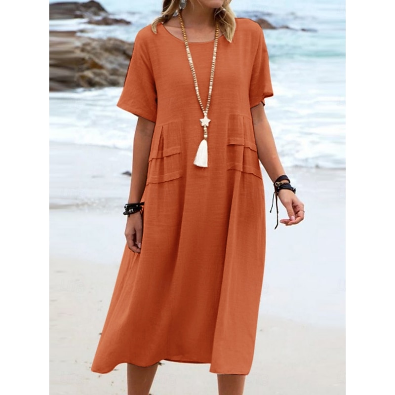 Women's Midi Dress Cotton Linen Dresses Casual Dress Summer Dress Classic Modern Daily Weekend Regular Fit Plain Short Sleeve Crew Neck Black Yellow Pink Royal Blue Summer