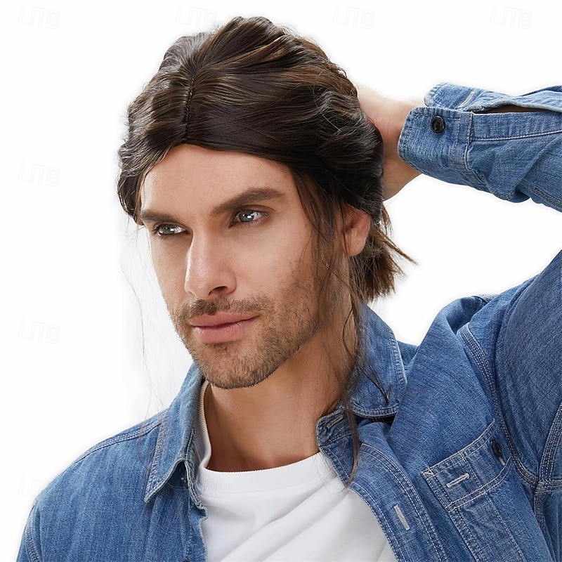 Long Wavy Men Wig for Party Curly Wigs for Man Male Hippie Rocking 70s 80s Them Party Cosplay Costume Anime Heat Resistant Synthetic Hair Wig With Cap Halloween Wigs4