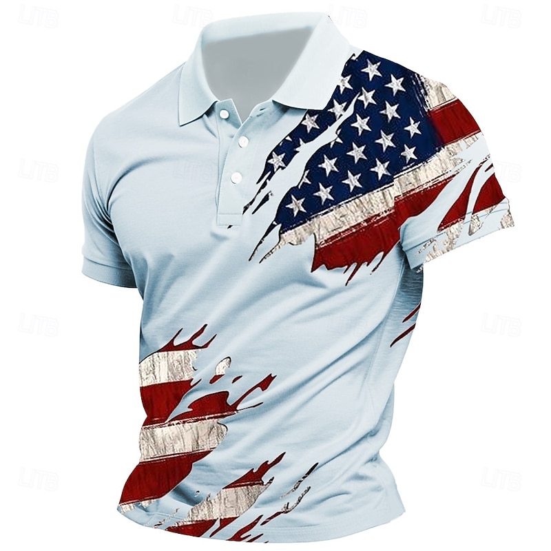Independence Day Men's American US Flag Polo Short Sleeves Lapel Casual Daily Sports & Outdoor Athleisure Festival Buttons Summer Pink White Sky Blue2