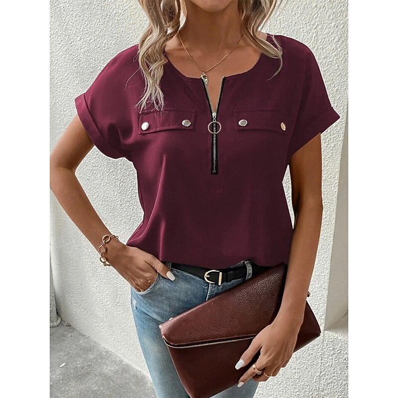 Women's T Shirt Solid Color Plain Fashion Modern Casual Short Sleeve Crew Neck Regular Tops Daily Weekend Zipper Buttons Black Wine Blue Purple Summer3