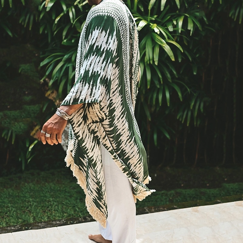 Men's Cloak / Capes Vacation Daily Warm Tassel Fringe Spring Fall Tie Dye Fashion Casual Regular Green Jacket4