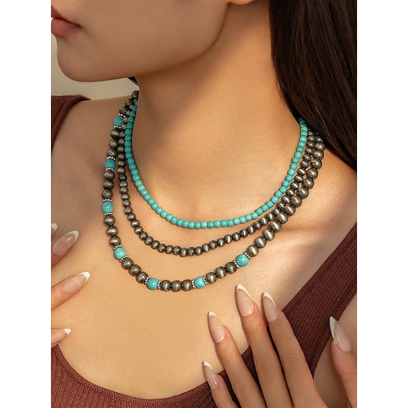 Women's Turquoise Beaded Layered Necklace – Southwestern Boho Style Jewelry for Casual Outfits, Beach Parties and Summer Festivals3