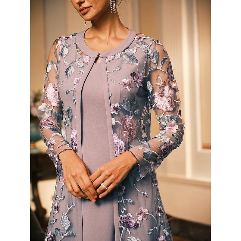 Women's Midi Dress Sheath Dress Dress With Jacket Cocktail Semi Formal Formal Party Wedding Guest Regular Fit Floral Long Sleeve Crew Neck Gray Pink Spring Fall Winter3