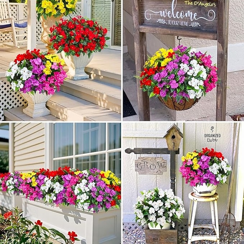 6 Bundles Artificial Impatiens Flowers for Outdoors Decoration Silk Flowers Bouquet Fake Plants UV Resistant for Spring Summer Garden Porch Window Box Balcony Home Decor Fuchsia3