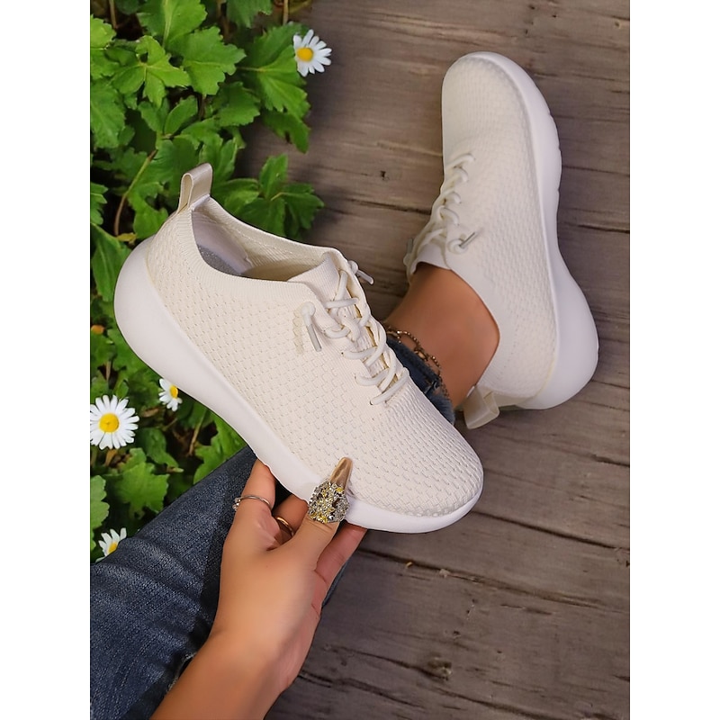 Women's Beige Lightweight Flyknit Walking Shoes with Soft Ergonomic Sole, Breathable Comfort for Commute, Park Jog and Daily Errands4