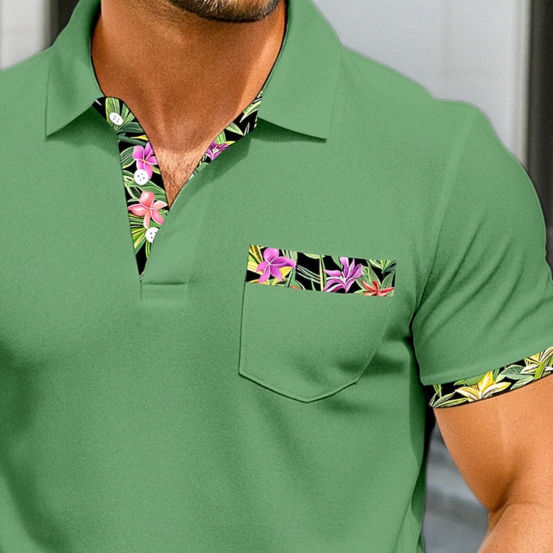 Men's Polo Shirts Golf Shirt Casual Sports Classic Short Sleeve Fashion Cool Color Block Patchwork Buttons Summer Spring &  Fall Regular Fit White Green Polo Shirts2
