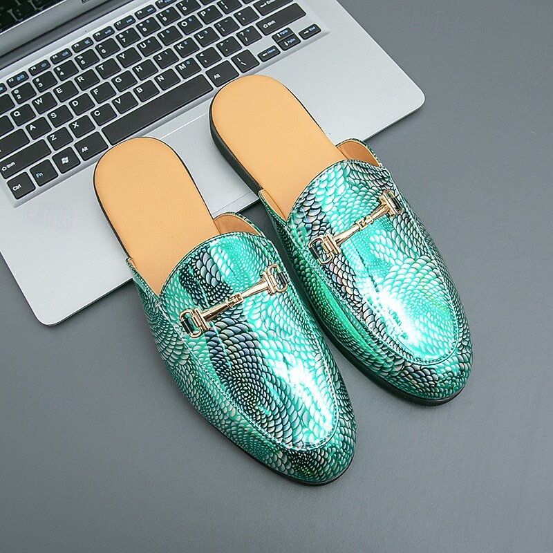 Men's Green Snakeskin Loafers with Gold Accents – Fashionable Slip-Ons for Formal Dinners and Night Out3