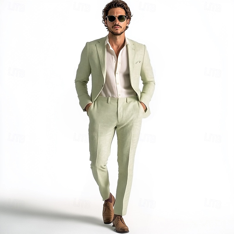 Men's Casual Linen Suits Summer Wedding Sage Fashion Formal Solid Colored Standard Fit 2 Piece Single Breasted One-button