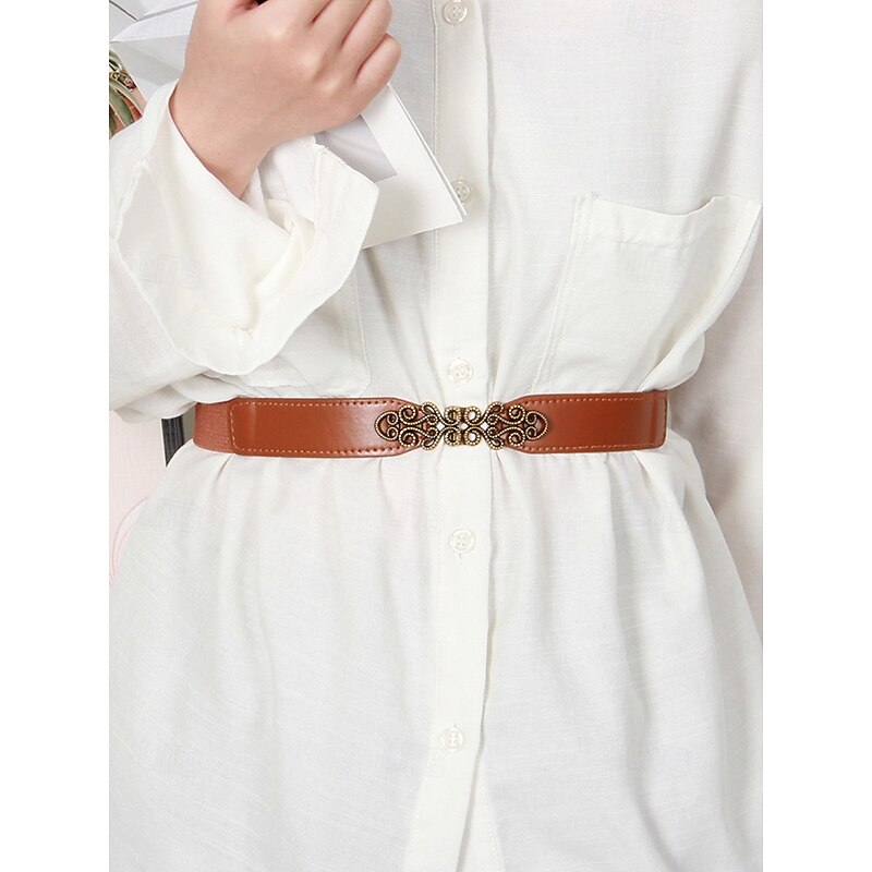 Women's Vintage Elastic Waist Belt with Bronze Scroll Buckle – Faux Leather Cinch Belt for Dresses and Blouses, Elegant Style for Daily Wear and Formal Occasions2