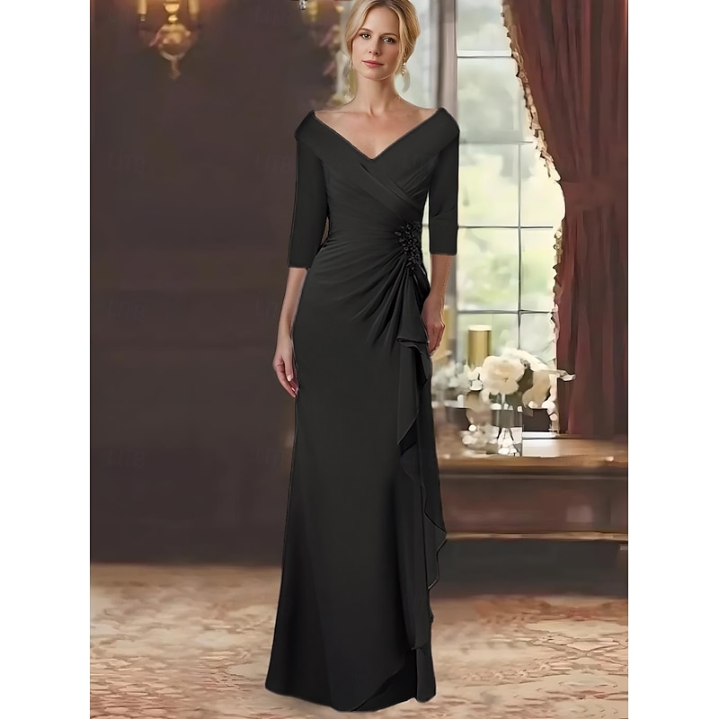 A-Line Mother of the Bride Dress Elegant V Neck Floor Length Chiffon Lace Long Sleeve with Cascading Ruffles3