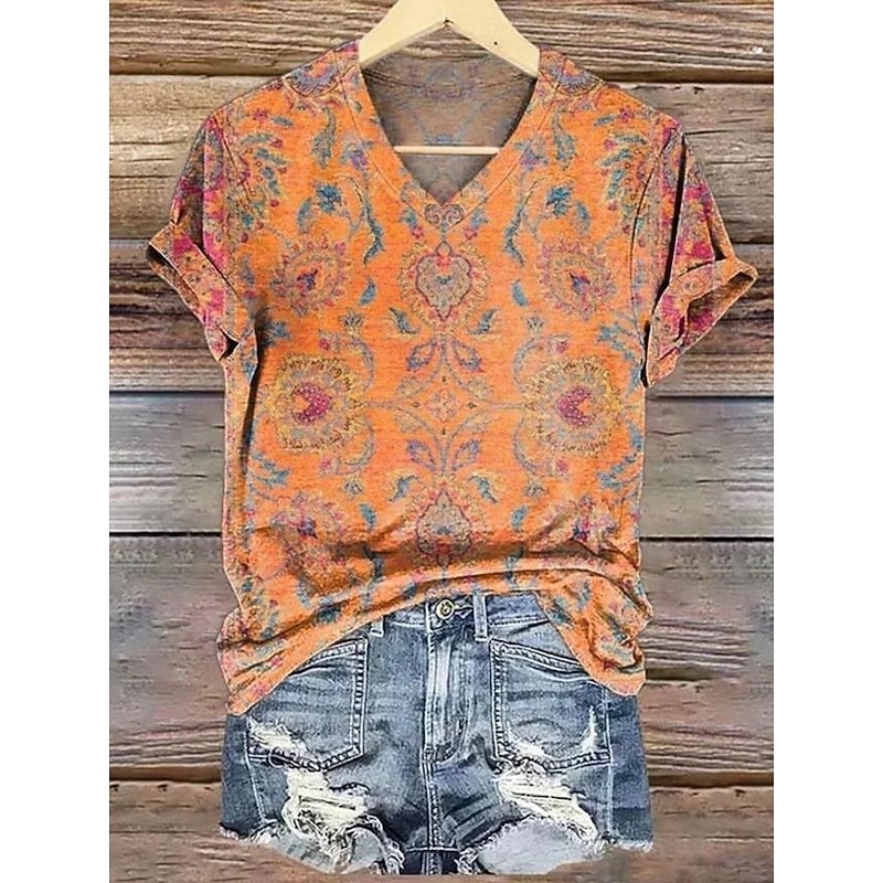 Women's T Shirt Floral Graphic Plants Vintage Stylish Classic Short Sleeve V Neck Regular Tops Daily Print Black Yellow Blue Dusty Blue Purple Summer Spring2