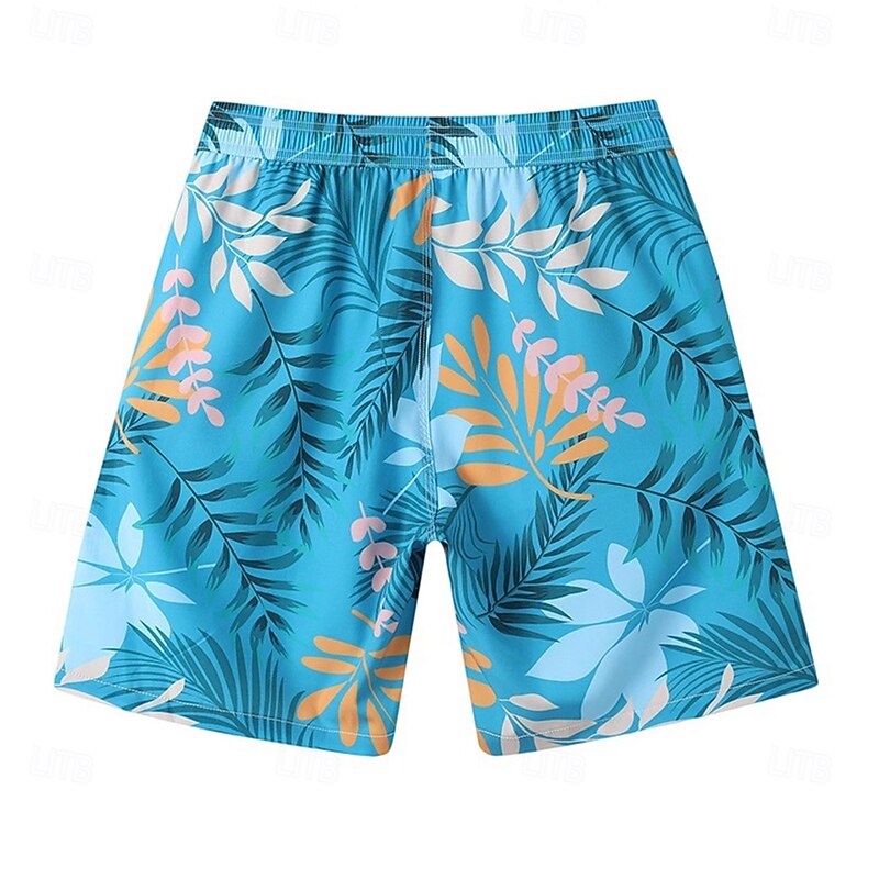Men's Shorts Beach Shorts Drawstring Graphic Leaf Animal Quick Dry Outdoor Knee Length Outdoor Vacation Home Vacation Ethnic Style Lake blue ArmyGreen Stretchy3