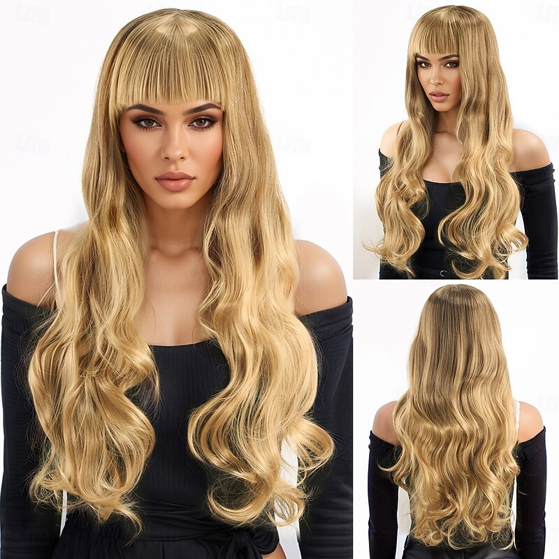 Synthetic Wig Wavy Curly Weave Layered Haircut With Bangs Machine Made Wig 26 inch A1 Synthetic Hair Women's Elastic Classic Comfortable Blonde