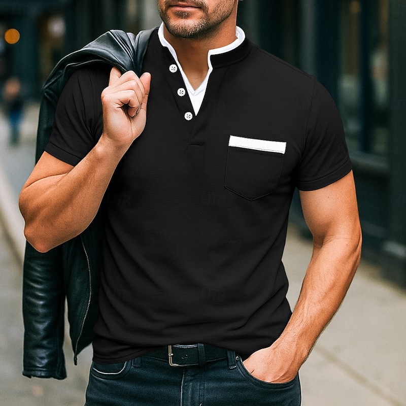 Men's Banded Collar Shirt Short Sleeve V Neck Notched Summer Spring Plain Fashion Basic Modern Buttons Fake two piece Street Casual Daily Black White Navy Blue Top Tee for Men2