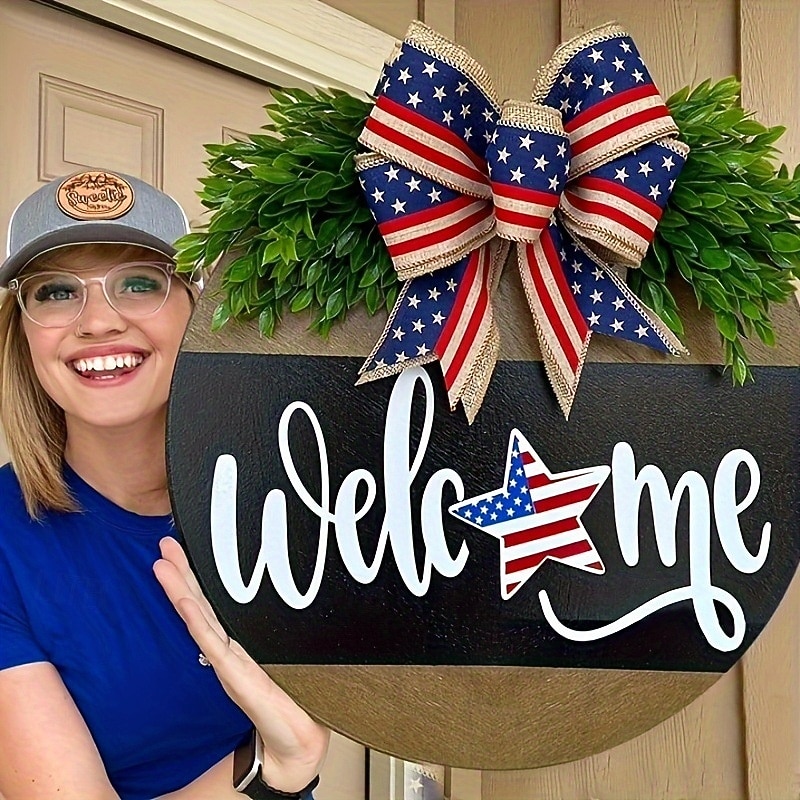 Patriotic Wooden Door Sign Decoration for Independence Day 4th of July, USA Flag Red White Blue Welcome Hanging Outdoor Wall Decor2