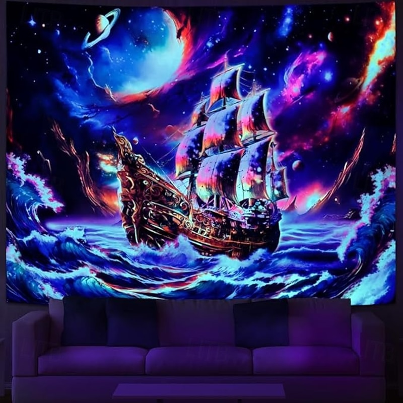 Blacklight Tapestry Glow in the Dark Glow Party UV Reactive Ocean Pirate Ship Trippy Misty Nature Landscape Hanging Tapestry Wall Art Mural for Living Room Bedroom