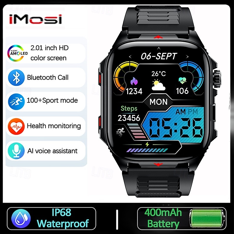 2025 Outdoor Sport Smart Watch Men 2.01 HD Screen LED Flashlight 400mAh Large Battery Heart Rate Waterproof BT Call Smartwatch