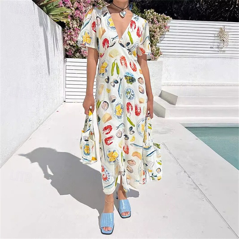 Women's Long Dress Maxi Dress Cotton Linen Dresses Casual Dress Fashion Outdoor Party Holiday Regular Fit Fruit Short Sleeve V Neck Beige Summer4