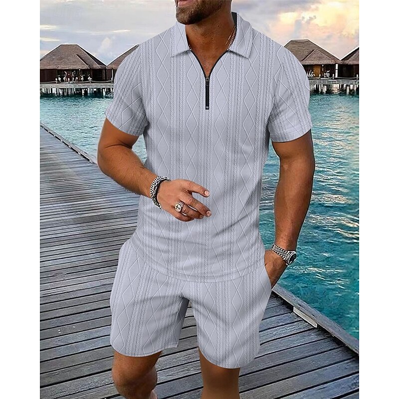 Men's Quarter Zip Polo Golf Shirt Daily Holiday Lapel Short Sleeve Fashion Basic Plain 2 Piece Jacquard Summer Regular Fit Black White Blue Khaki Army Green Gray Quarter Zip Polo2