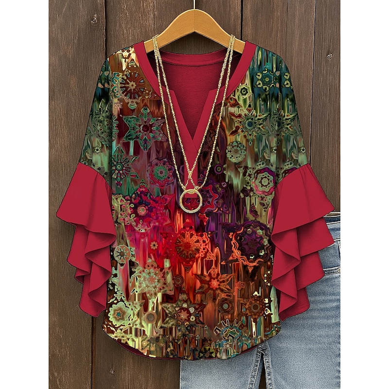 Women's Retro Blouse Layered Ruffle Sleeve Tops Vintage Graphic Abstract Bohemia Vintage Daily 3/4 Length Sleeve Regular Tops Daily Holiday Vacation Wear Print Red Blue Purple Green Summer
