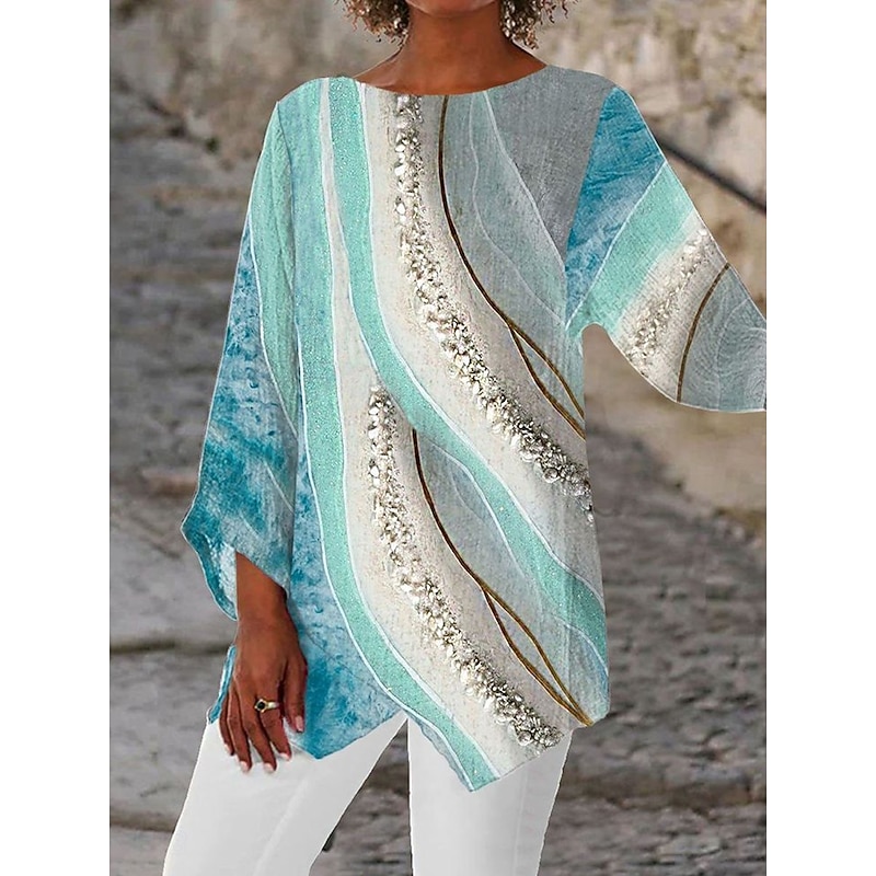 Women's Blouse Long Sleeve Asymmetrical Hem Ombre Floral Graphic Vintage Tropical Stylish 3/4 Length Sleeve Crew Neck Regular Tops Daily Print Blue Green Spring Fall